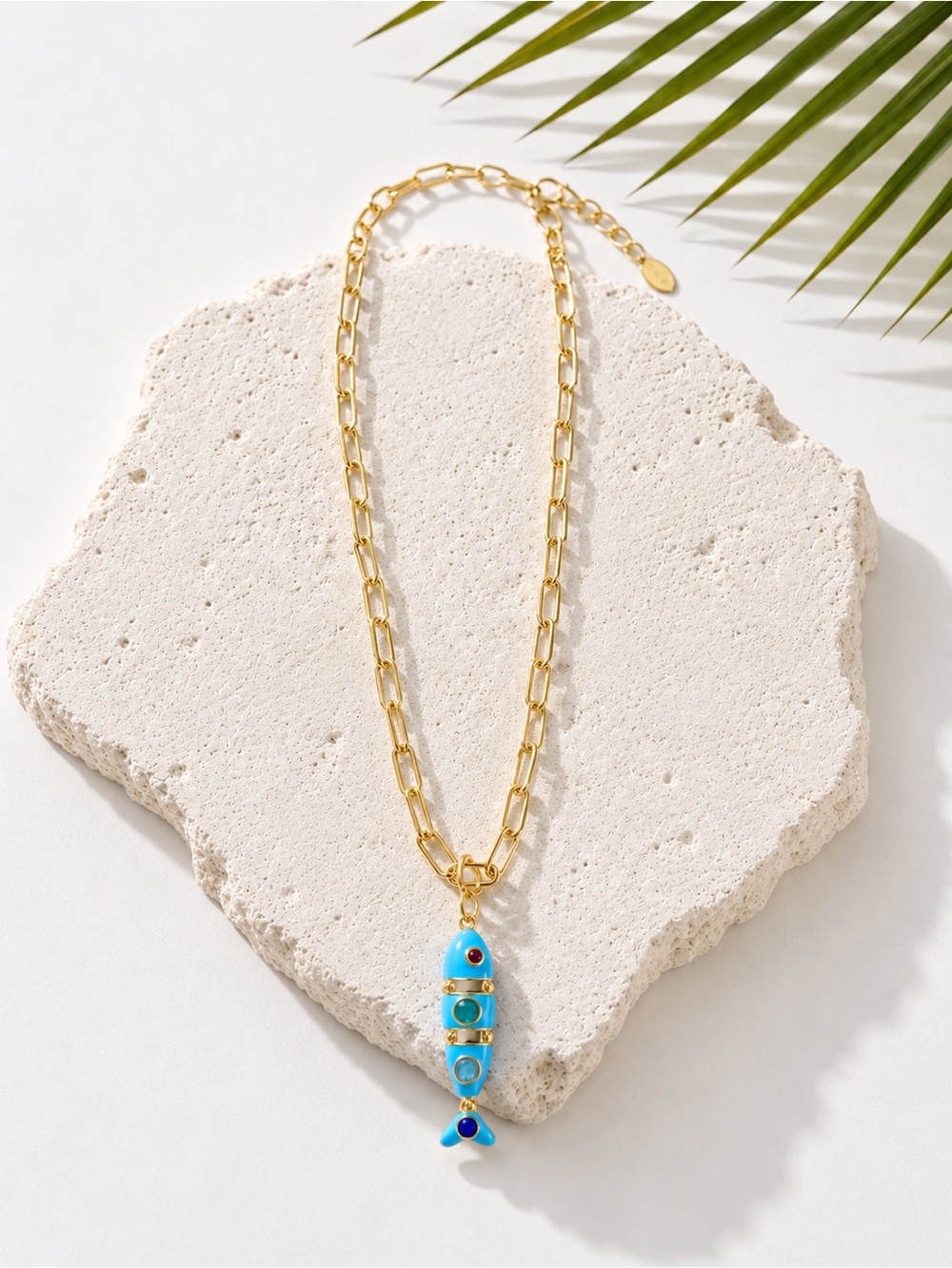 Gold Chain Necklace with Blue Enamel Fish Pendant